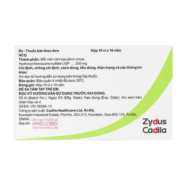 HCQ 200mg Zydus Cadila 10 vỉ x 10 viên